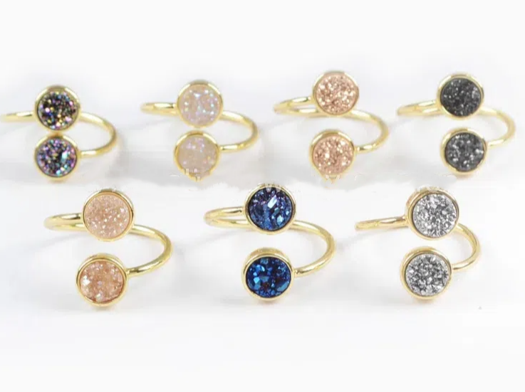New Arrival Golden Bezel Natural Agates Titanium Rainbow Druzy Ring 9mm Double Round Stone Adjustable Rings ZG0363