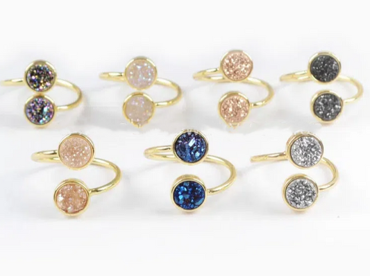 New Arrival Golden Bezel Natural Agates Titanium Rainbow Druzy Ring 9mm Double Round Stone Adjustable Rings ZG0363