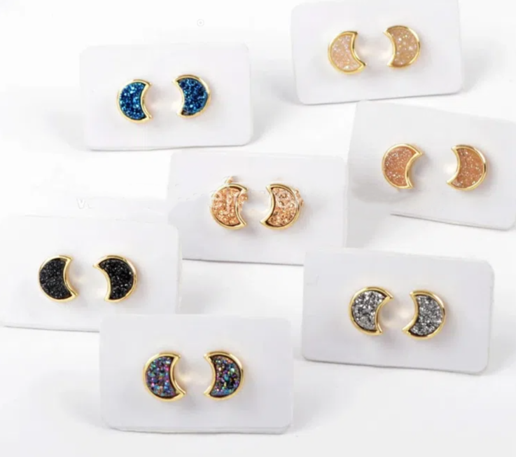 Gold Color Bezel Moon Shape Rainbow Titanium Druzy Stud Earrings Agates Drusy Earring Jewelry for Women