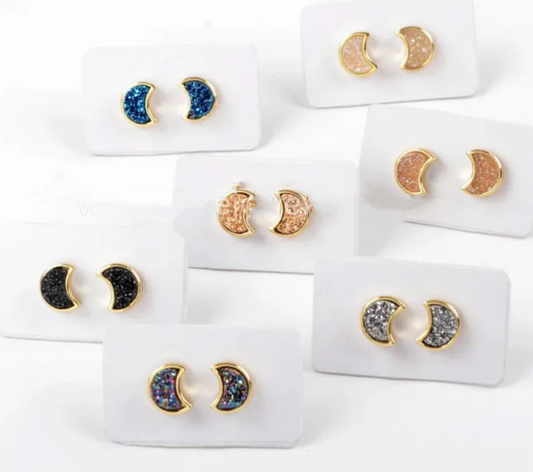 Gold Color Bezel Moon Shape Rainbow Titanium Druzy Stud Earrings Agates Drusy Earring Jewelry for Women