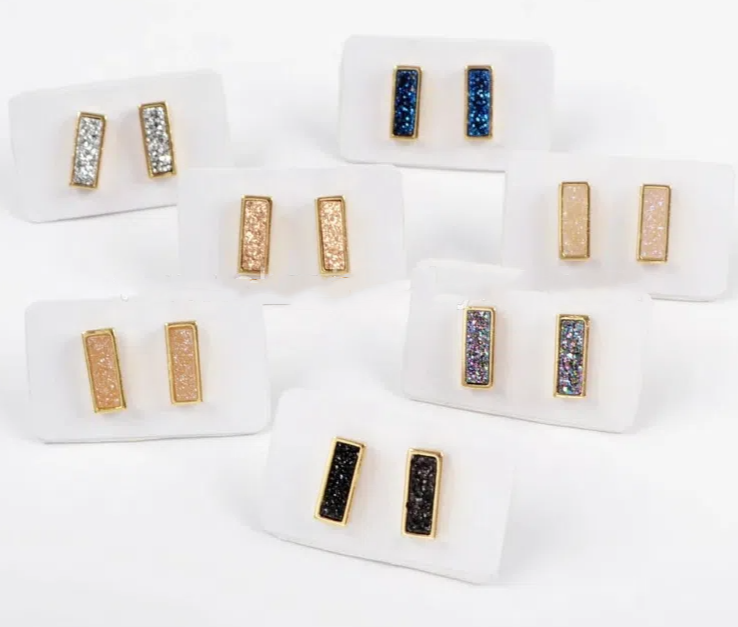 Rectangle Gold Color Bezel Rainbow Titanium Druzy Stud Earrings Drusy Earring Gems Jewelry for Women ZG0280