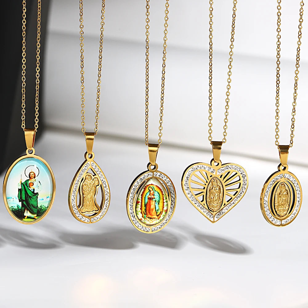 Religious Christian Faith Virgin Mary Jesus Pendant Chain Necklaces The Holy Bible Saint Pray Baptism Jewelry Christmas Gift