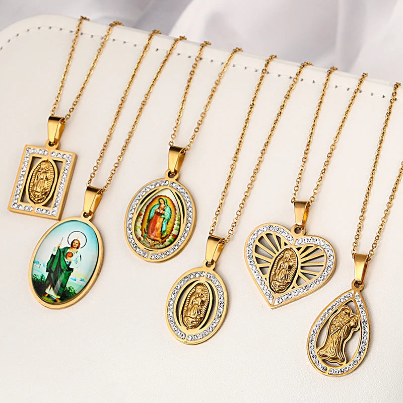 Religious Christian Faith Virgin Mary Jesus Pendant Chain Necklaces The Holy Bible Saint Pray Baptism Jewelry Christmas Gift