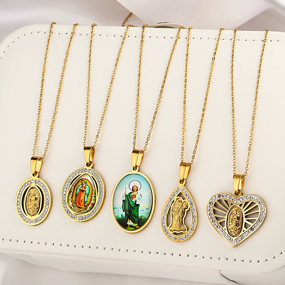 Religious Christian Faith Virgin Mary Jesus Pendant Chain Necklaces The Holy Bible Saint Pray Baptism Jewelry Christmas Gift