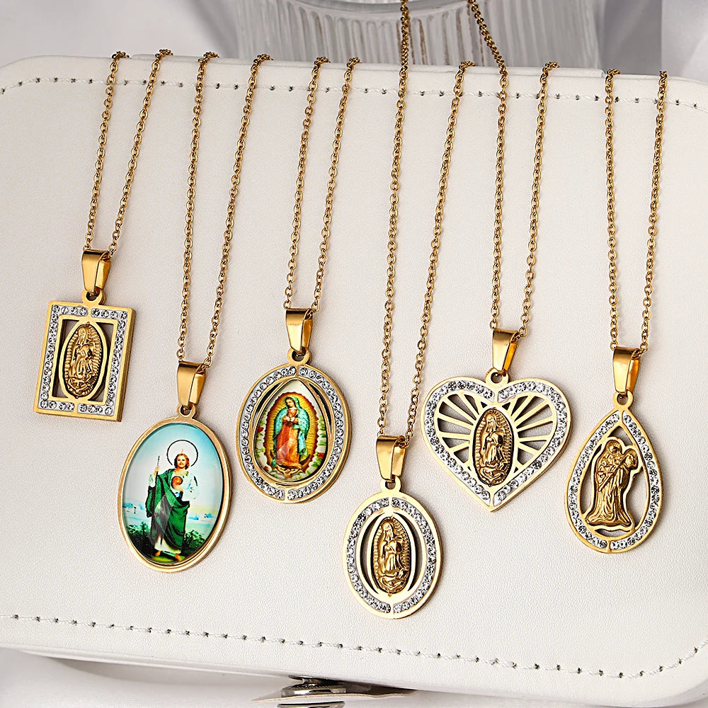 Religious Christian Faith Virgin Mary Jesus Pendant Chain Necklaces The Holy Bible Saint Pray Baptism Jewelry Christmas Gift