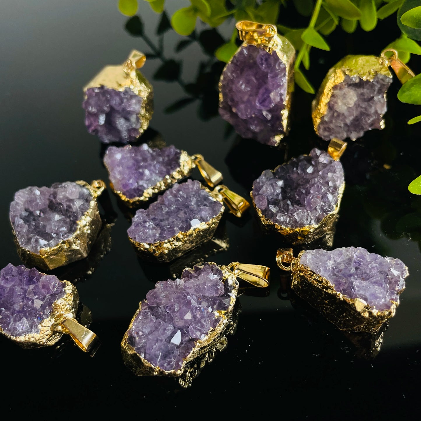 New Fashion BOHO Natural Amethyst Cluster Irregular Pendant Golden Edged Free Wax String Chain Reiki Gemstone Jewelry