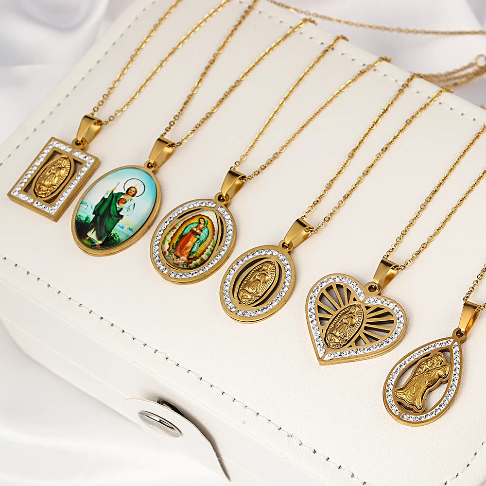 Religious Christian Faith Virgin Mary Jesus Pendant Chain Necklaces The Holy Bible Saint Pray Baptism Jewelry Christmas Gift
