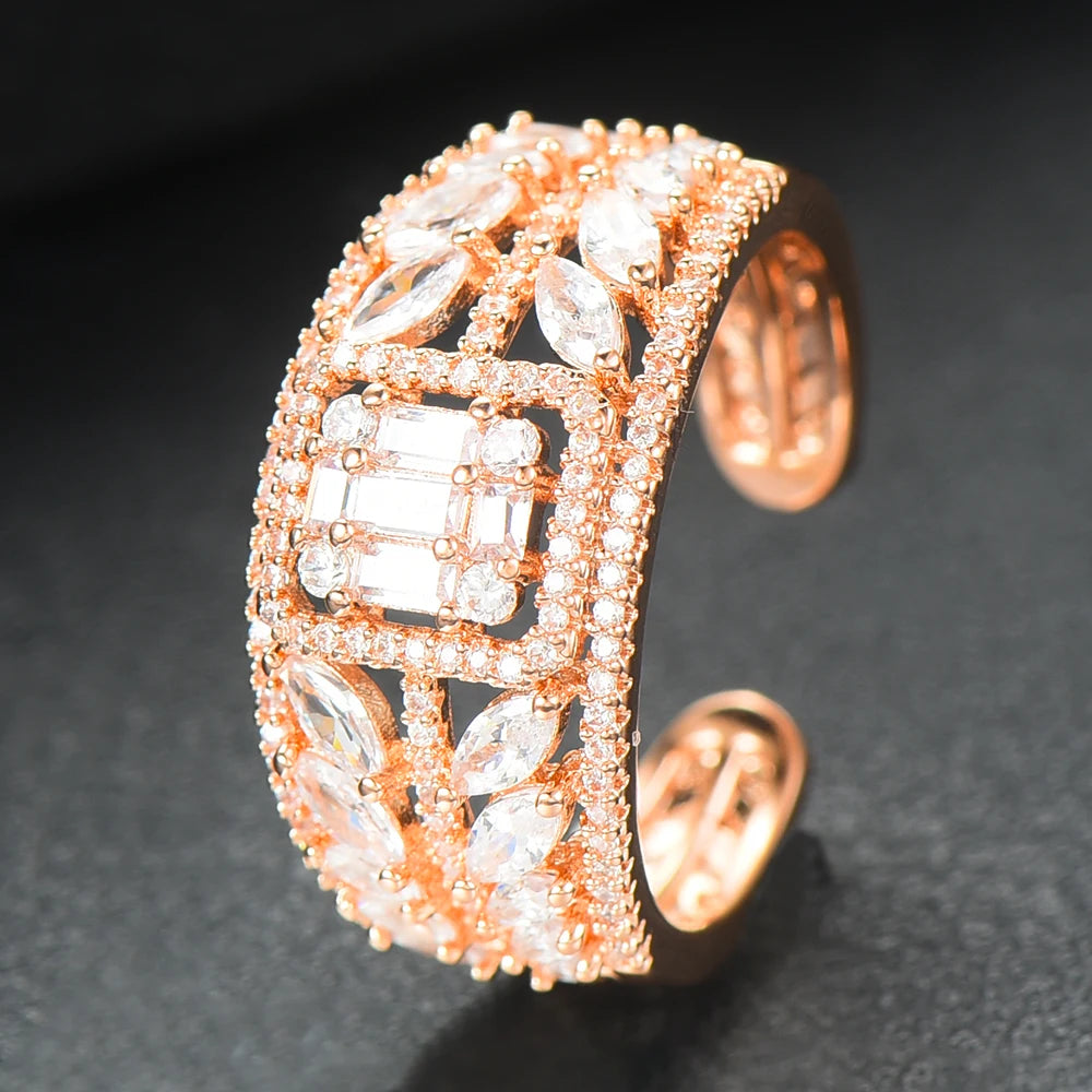 3 Colors Luxury Peace Leaf Rings with Baguette Cubic Zirconia Stones 2020 Women Engagement Party Jewelry Free Size