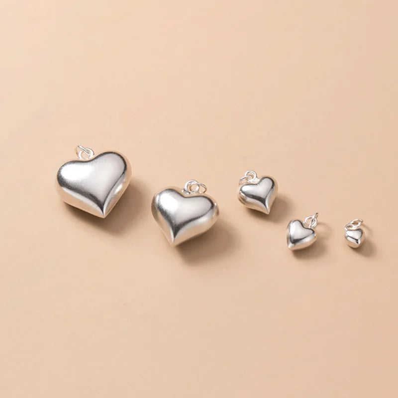 Real 925 Sterling Silver 3D Love Romantic Heart 4 6 8 13 15mm Charm Pendant Handmade DIY Accessories Wholesale DZ20