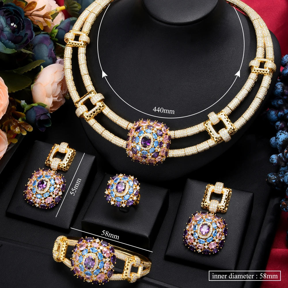 4PCS Nigerian Jewelry Set For Women Wedding Cubic Zircon Dubai Bridal Necklace Earring Bangle Ring Set