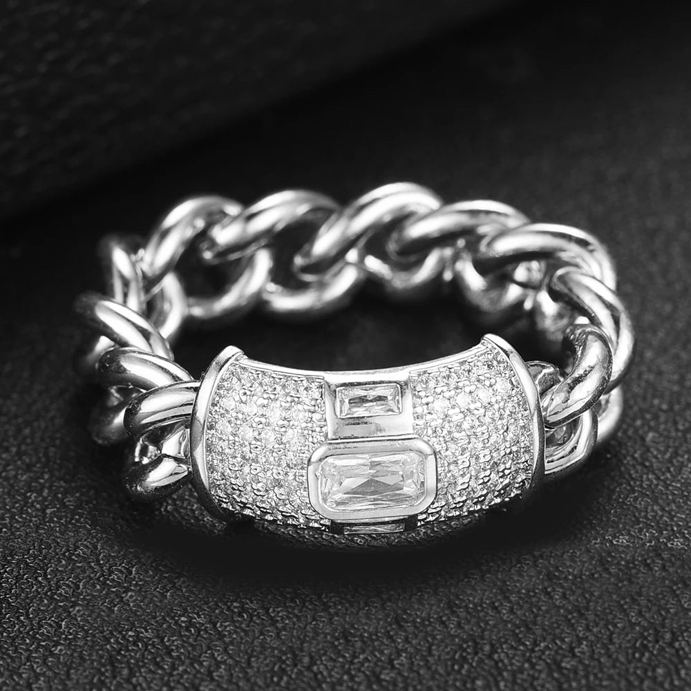 Bold Stackable Ring Luxury Chunky Chain Rings for Women Wedding Cubic Zircon Bridal Engagement Wedding Dubai Finger Rings