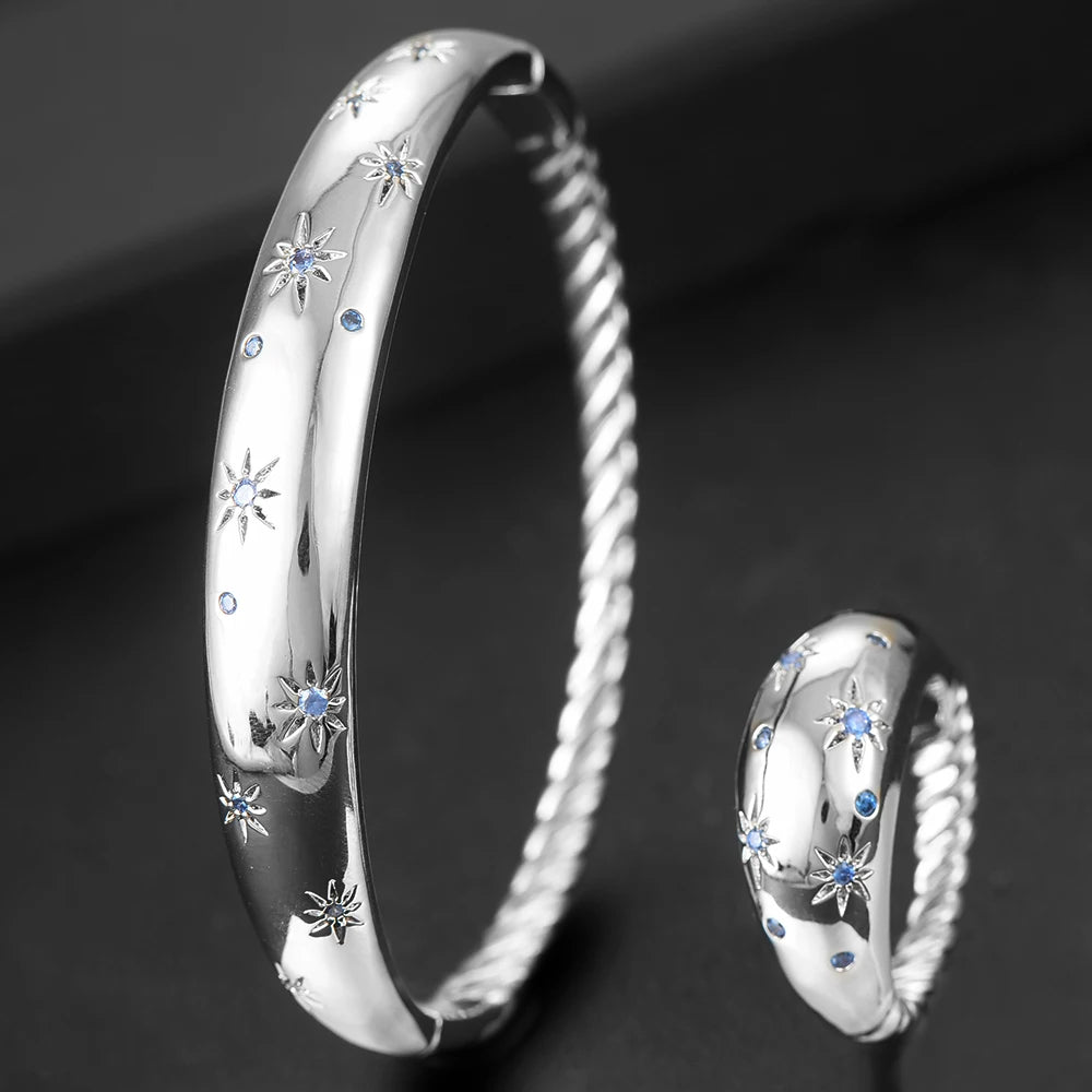 Trendy Luxury Stackable Bangle Cuff For Women Wedding Full Cubic Zircon Crystal CZ Dubai Silver Color Party Bracelet 2023
