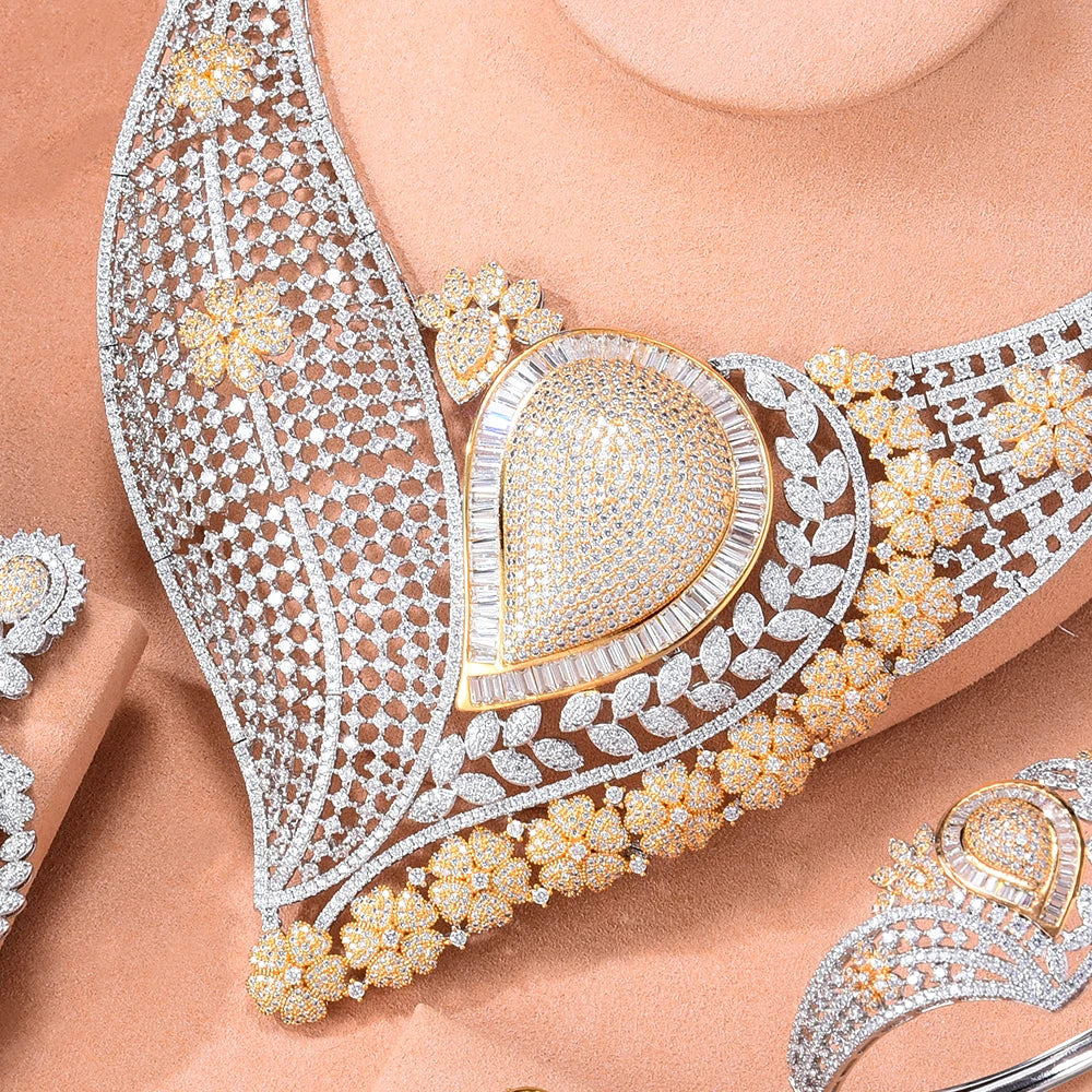 Super BIG Luxury 4PCS Leaf Flowers Africa Cubic Zirconia Set Jewelry Set For Women Wedding Cubic Zirconia Dubai Bridal Set