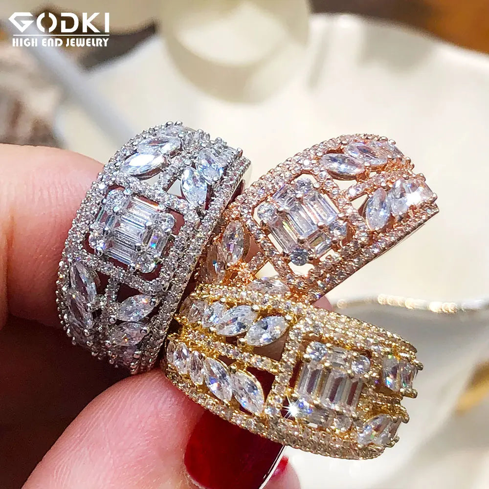 3 Colors Luxury Peace Leaf Rings with Baguette Cubic Zirconia Stones 2020 Women Engagement Party Jewelry Free Size