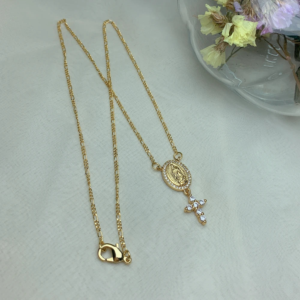 Metal Plated Gold Zircon Small Cross Virgin Mary Pendant Figaro Chain Necklace For Women 2021 Neck Jewelry