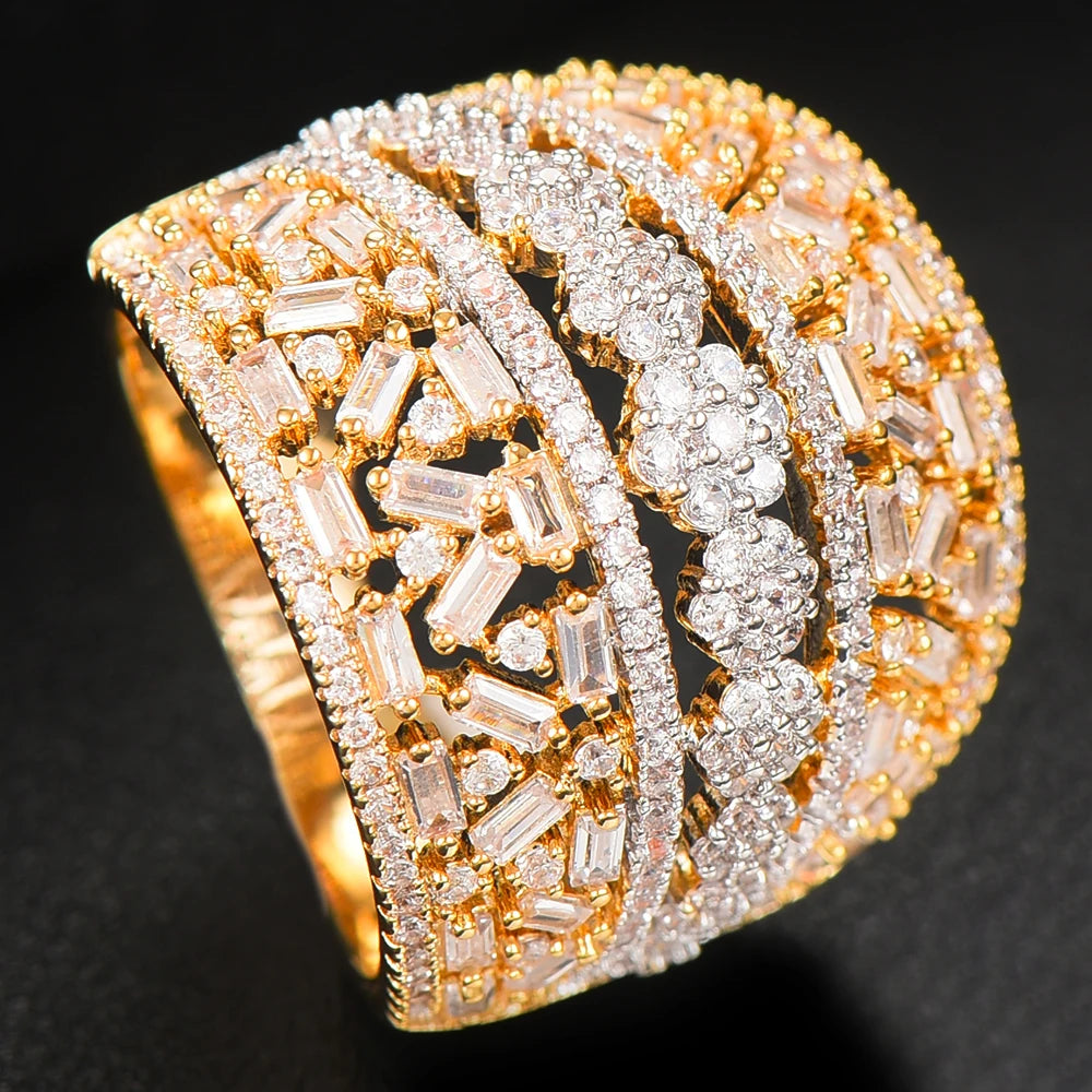 Luxury Bagutte Cut Bold Rings with Zirconia Stones 2022 Women Engagement Party Jewelry High Quality