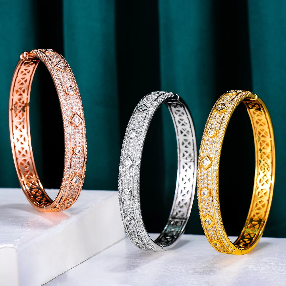 Big Fashion Luxury Bold Bangle Cuff For Women Wedding Party Multi Cubic Zirconia Crystal CZ Dubai Gold Color Bracelet 2020