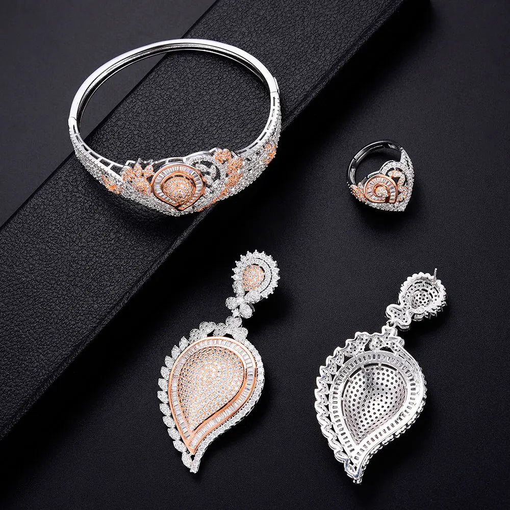 Super BIG Luxury 4PCS Leaf Flowers Africa Cubic Zirconia Set Jewelry Set For Women Wedding Cubic Zirconia Dubai Bridal Set