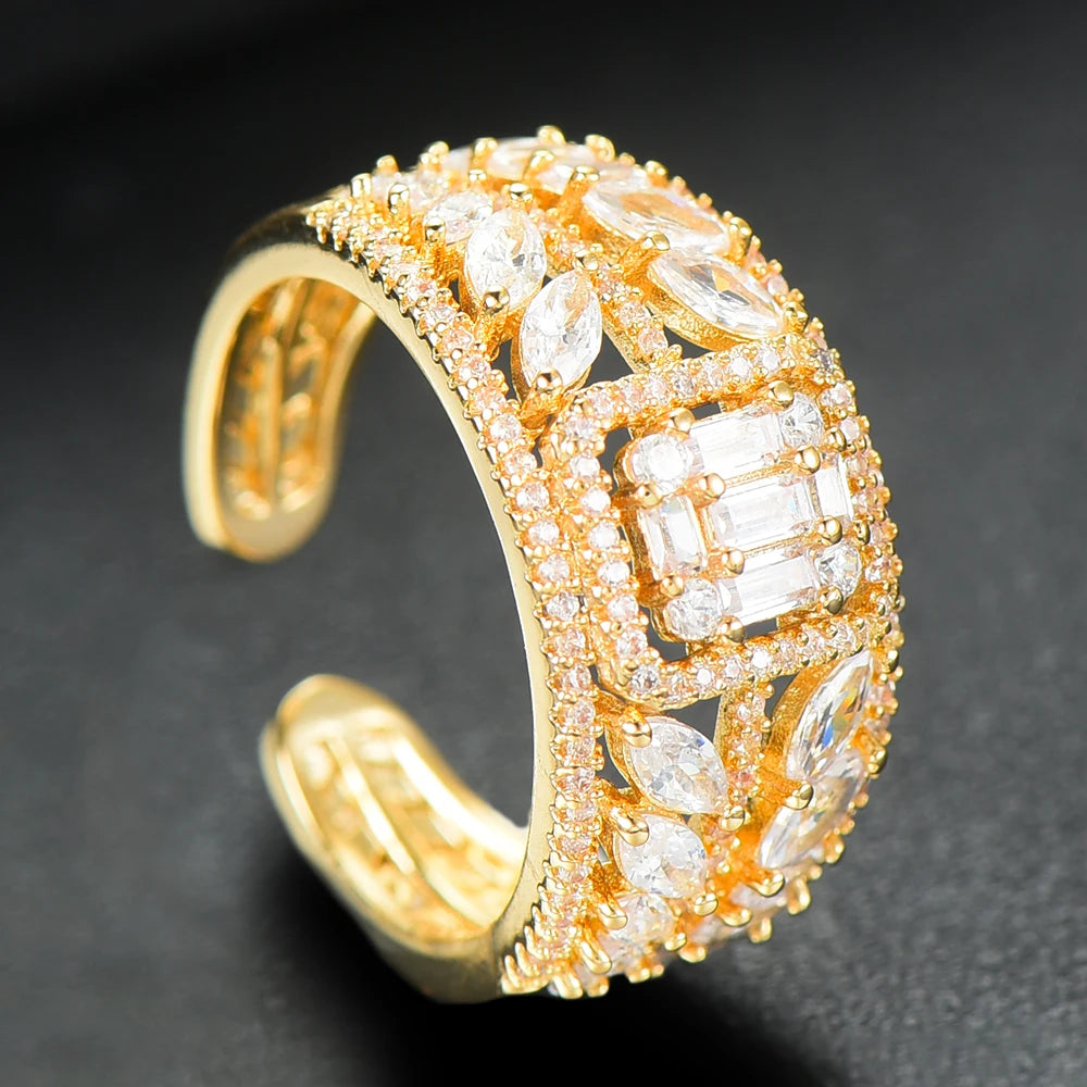 3 Colors Luxury Peace Leaf Rings with Baguette Cubic Zirconia Stones 2020 Women Engagement Party Jewelry Free Size
