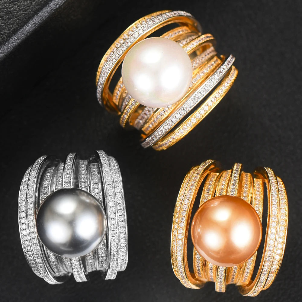 Trendy Twist Pearl Statement Rings for Women Cubic Zircon Finger Rings Beads Charm Ring Bohemian Beach Jewelry 2019