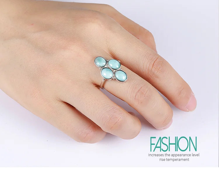 New Trend 925 Sterling Silver Natural Gemstones Larimar Ring for Women Geometry Design Classic Simple Female Jewelry Dating