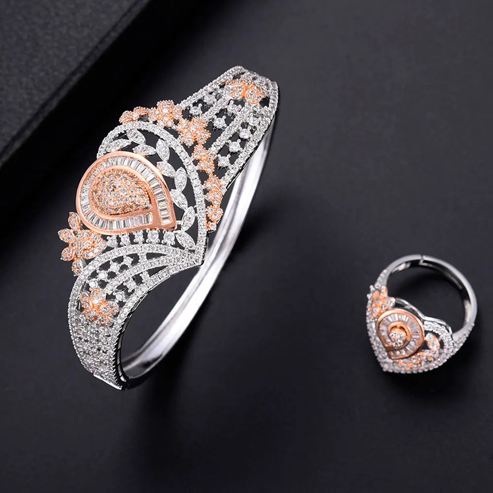 Super BIG Luxury 4PCS Leaf Flowers Africa Cubic Zirconia Set Jewelry Set For Women Wedding Cubic Zirconia Dubai Bridal Set