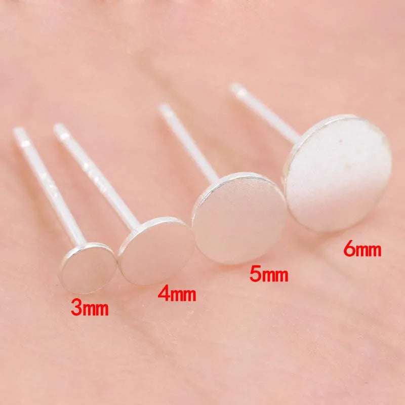 Real Solid 925 Sterling Silver Earring Stud Needle Post Flat Base Pins 3~8mm Silver Settings DIY Jewelry Making Findings