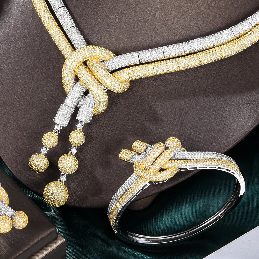 Luxury 4PCS African Knots Necklace Earring Sets Cubic Zirconia jewelry Sets for women Wedding Indian Bridal Jewelry Set