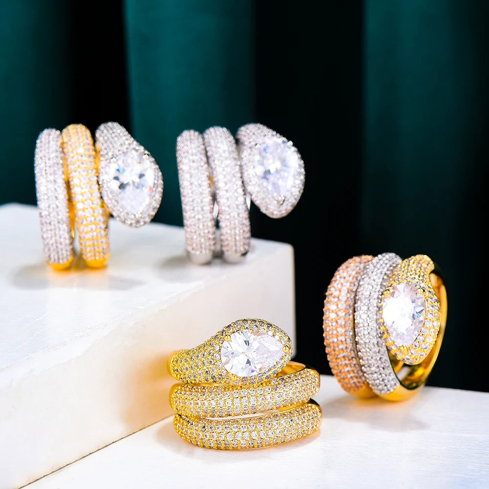 Luxury 3 Layers Twist Snakel Rings with Zirconia Stones 2020 Women Engagement Party Jewelry High Quality