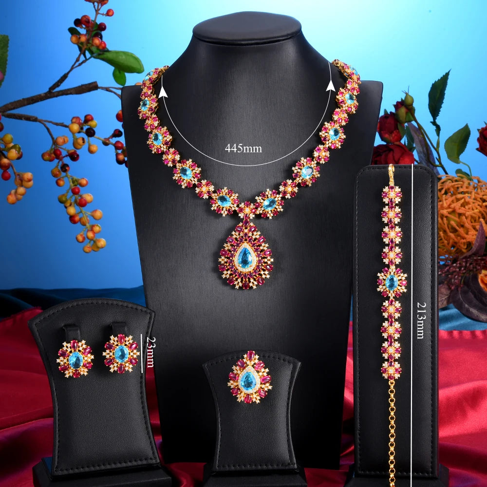 Famous Brand 4PCS Ruby CZ Luxury African Jewelry Set For Women Wedding Party Zircon Crystal Dubai Bridal Jewelry Set Gift