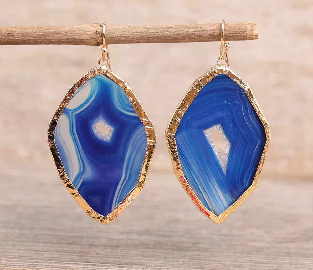 Natural Druzy Drusy Agates Slab Beads Gold Dangle Earrings Jewelry For Women Geode Stone Hook Earrings Jewelry Gift Dropshipping