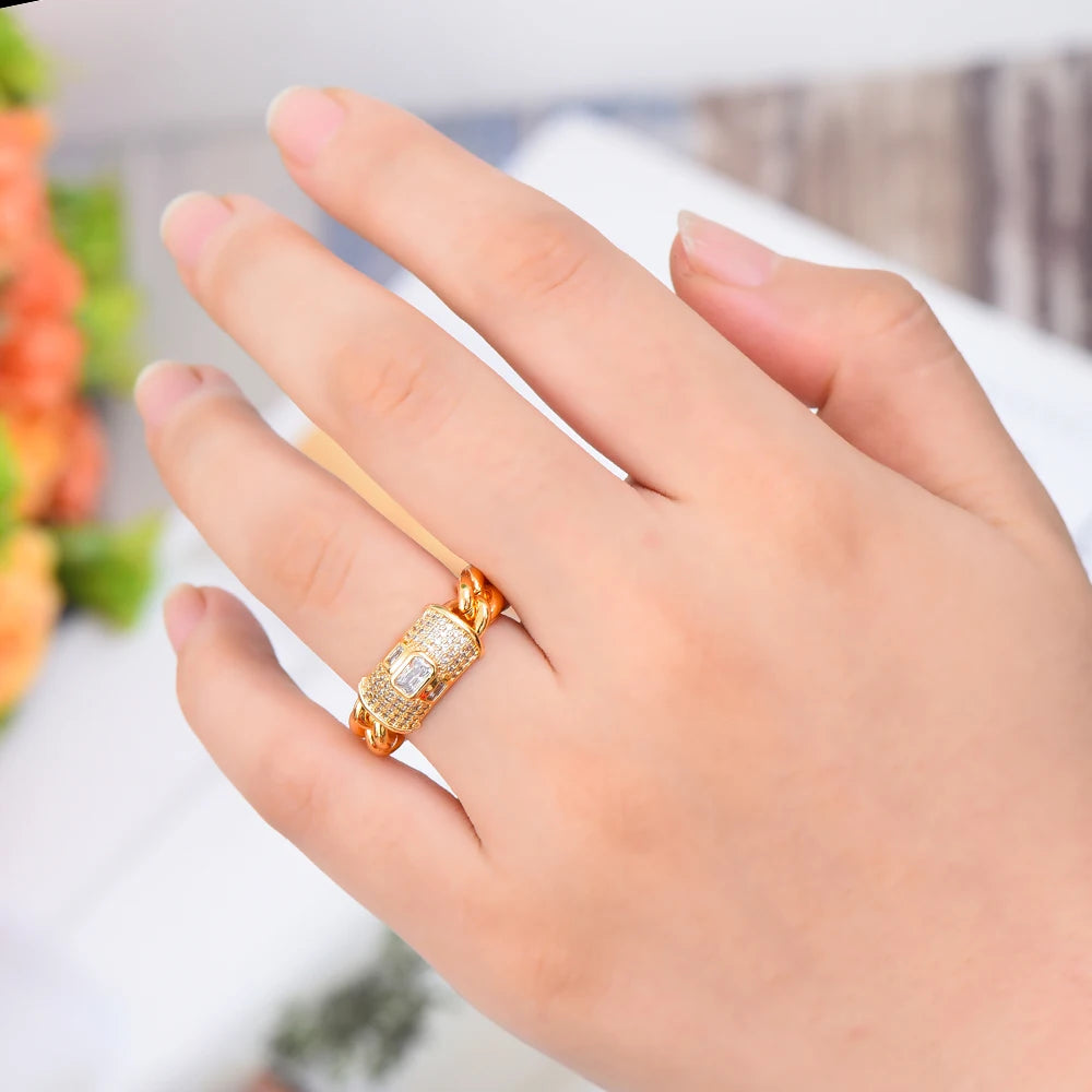 Bold Stackable Ring Luxury Chunky Chain Rings for Women Wedding Cubic Zircon Bridal Engagement Wedding Dubai Finger Rings
