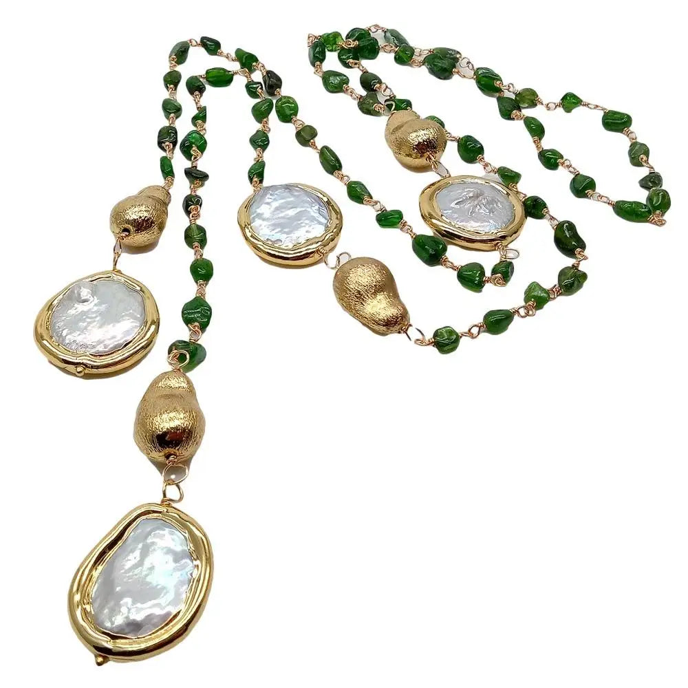Natural Green Diopside small nugget Cultured White Coin Pearl Long sweater chain Necklace 41"