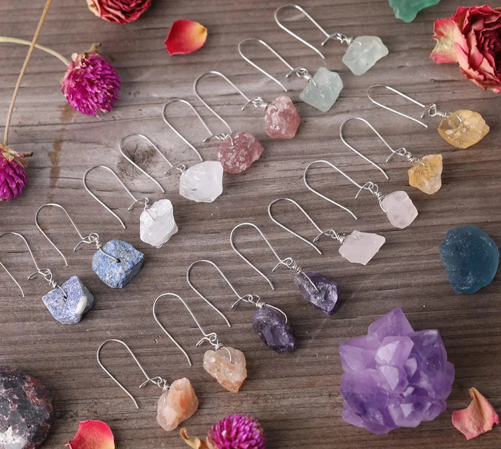 Bronze Silvery Wire Wrap Natural Strawberry Quartz Chunky Beads Dangle Hook Earrings Women Stone Beads Drop Earring Jewelry