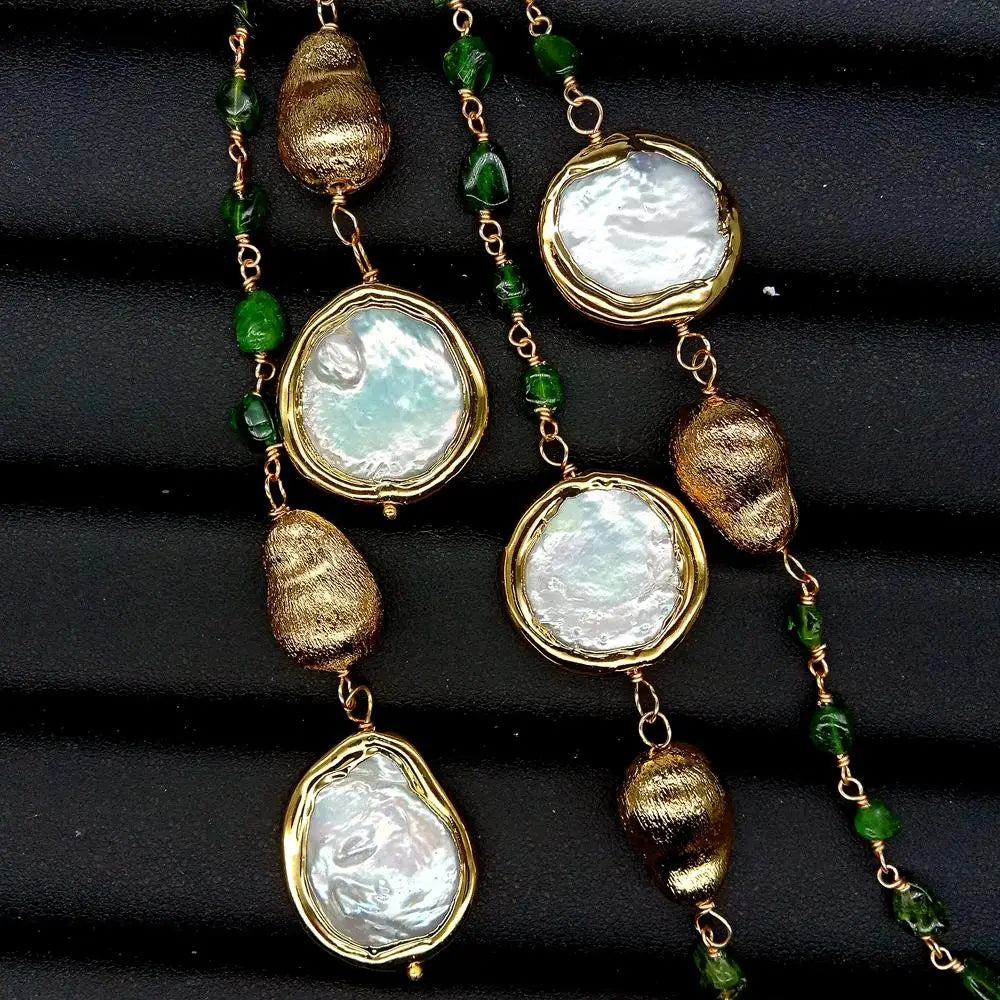 Natural Green Diopside small nugget Cultured White Coin Pearl Long sweater chain Necklace 41"