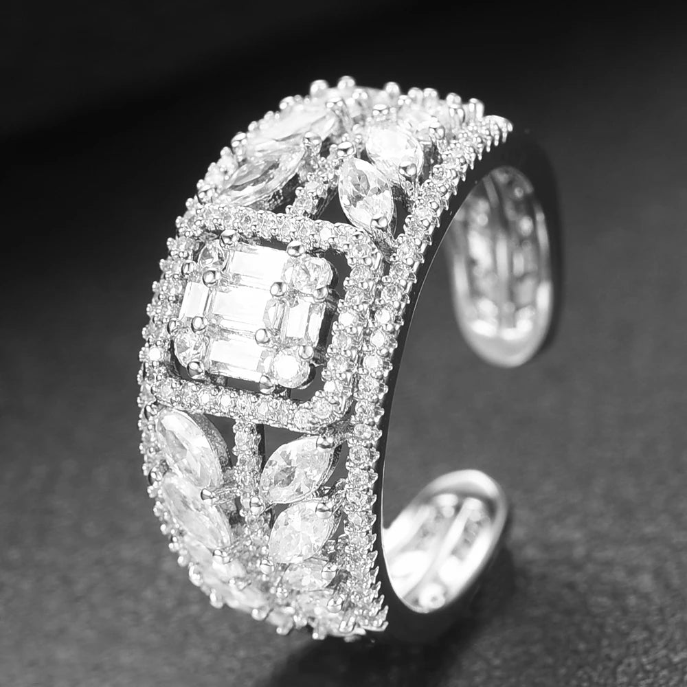 3 Colors Luxury Peace Leaf Rings with Baguette Cubic Zirconia Stones 2020 Women Engagement Party Jewelry Free Size