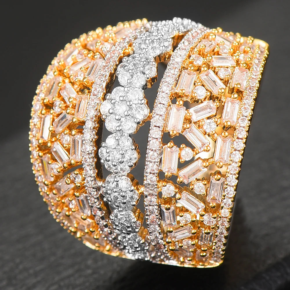 Luxury Bagutte Cut Bold Rings with Zirconia Stones 2022 Women Engagement Party Jewelry High Quality