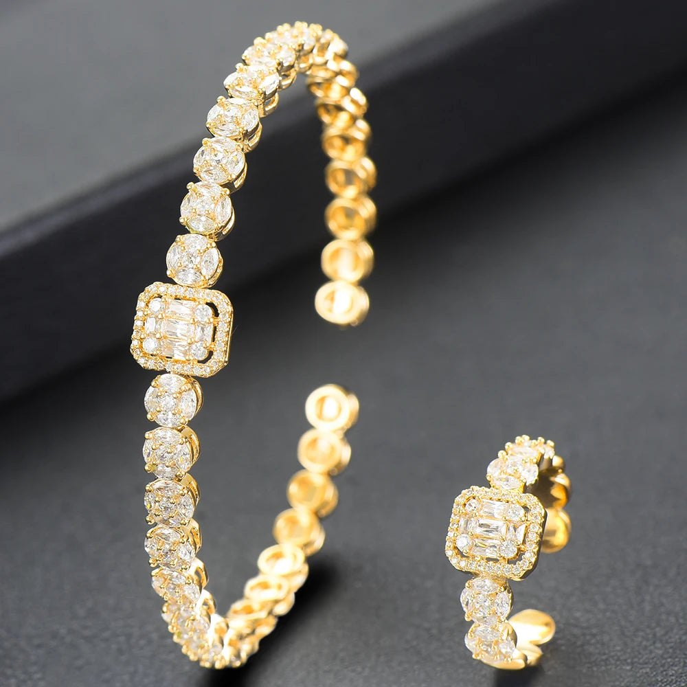 Luxury Stackable Cuff Bangles For Women Wedding Full AAA Cubic Zircon Crystal CZ Dubai Bridal Bracelets Party Jewelry 2022