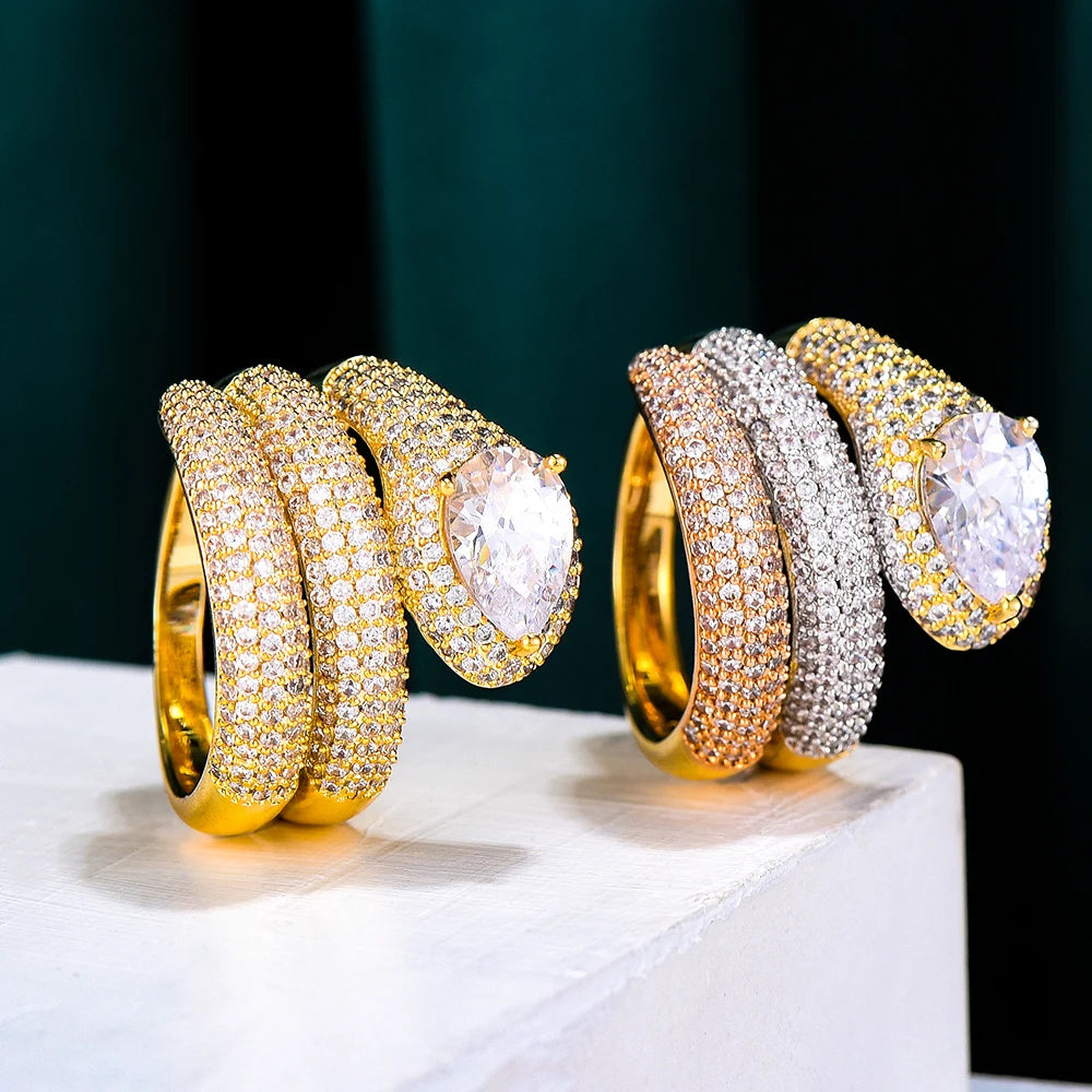 Luxury 3 Layers Twist Snakel Rings with Zirconia Stones 2020 Women Engagement Party Jewelry High Quality