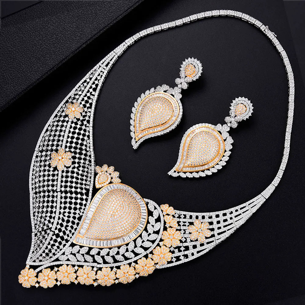 Super BIG Luxury 4PCS Leaf Flowers Africa Cubic Zirconia Set Jewelry Set For Women Wedding Cubic Zirconia Dubai Bridal Set