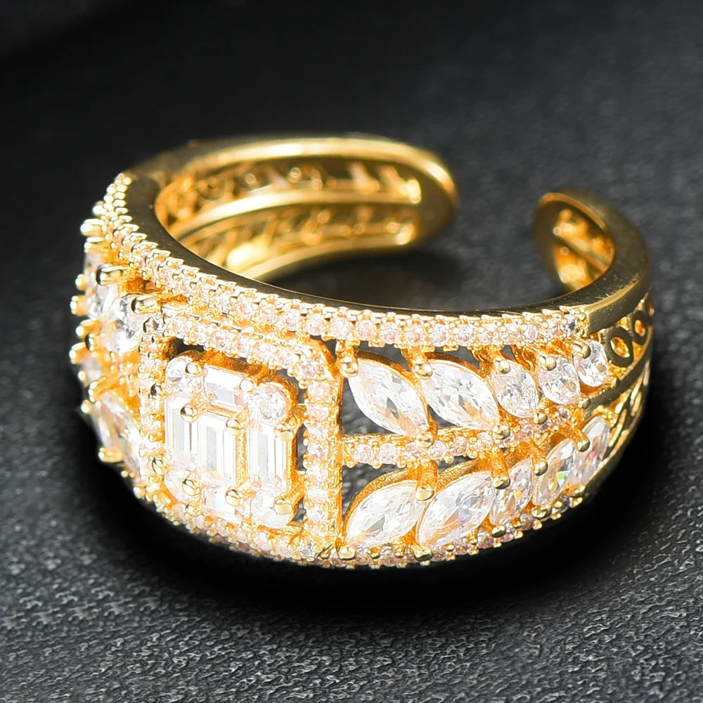 3 Colors Luxury Peace Leaf Rings with Baguette Cubic Zirconia Stones 2020 Women Engagement Party Jewelry Free Size