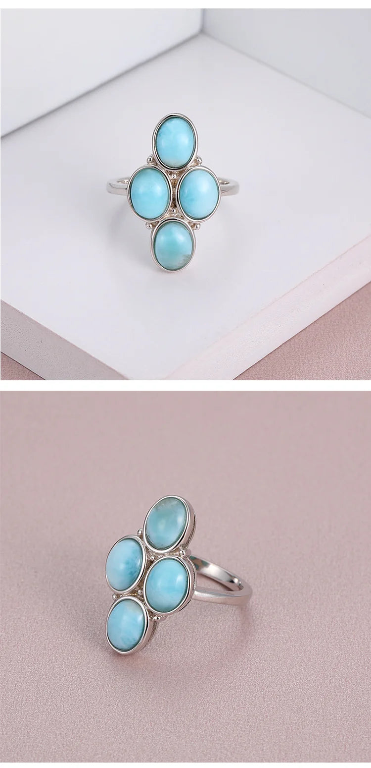 New Trend 925 Sterling Silver Natural Gemstones Larimar Ring for Women Geometry Design Classic Simple Female Jewelry Dating