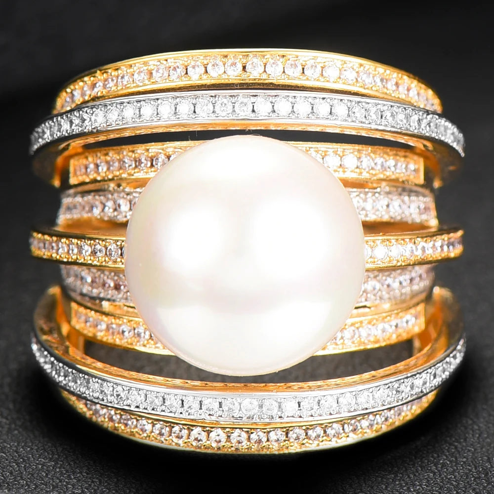 Trendy Twist Pearl Statement Rings for Women Cubic Zircon Finger Rings Beads Charm Ring Bohemian Beach Jewelry 2019