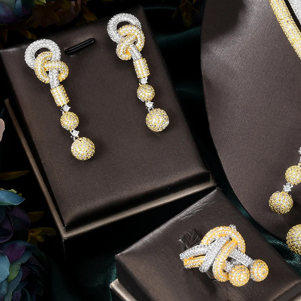 Luxury 4PCS African Knots Necklace Earring Sets Cubic Zirconia jewelry Sets for women Wedding Indian Bridal Jewelry Set