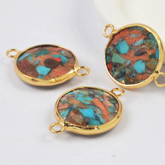 Golden Plating Round Natural Coral Turquoises Connectors Gems for Women Necklace Stone Beads for Bracelets Jewelry DIY