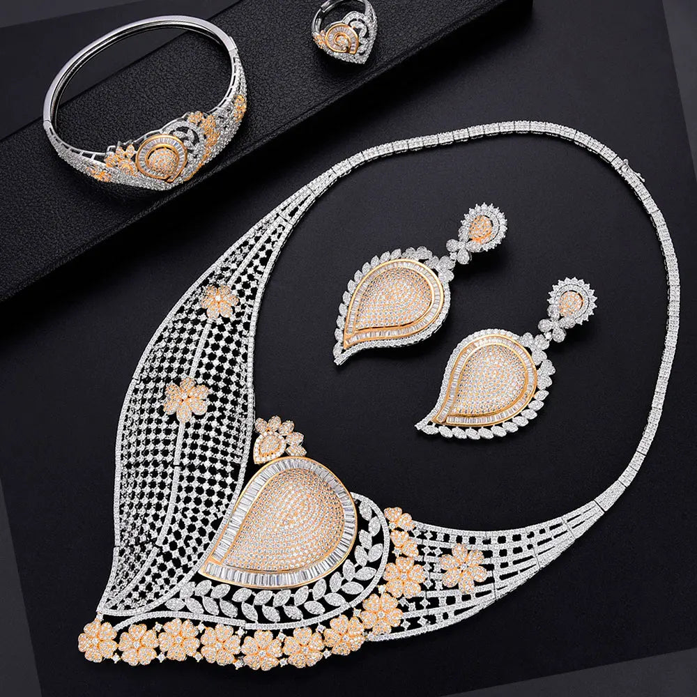 Super BIG Luxury 4PCS Leaf Flowers Africa Cubic Zirconia Set Jewelry Set For Women Wedding Cubic Zirconia Dubai Bridal Set