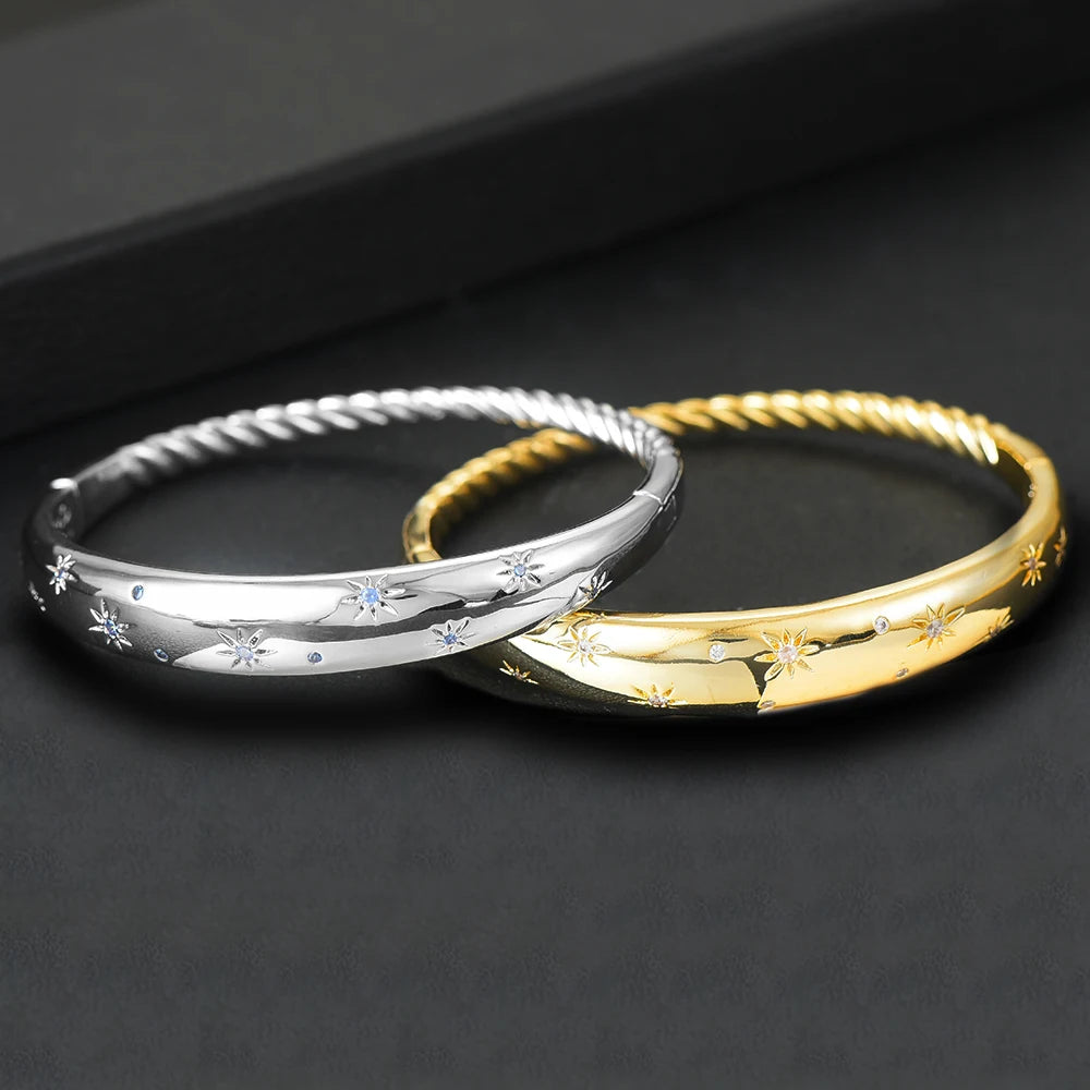 Trendy Luxury Stackable Bangle Cuff For Women Wedding Full Cubic Zircon Crystal CZ Dubai Silver Color Party Bracelet 2023