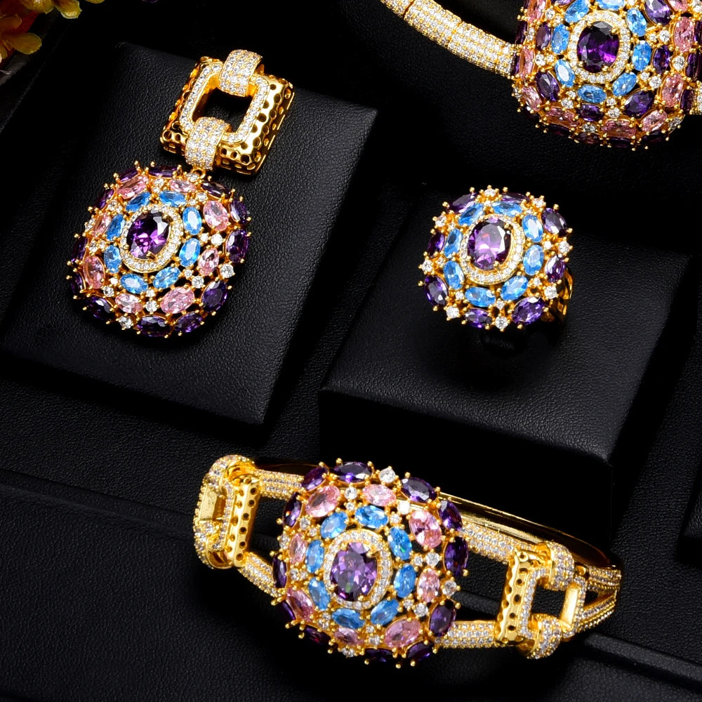4PCS Nigerian Jewelry Set For Women Wedding Cubic Zircon Dubai Bridal Necklace Earring Bangle Ring Set
