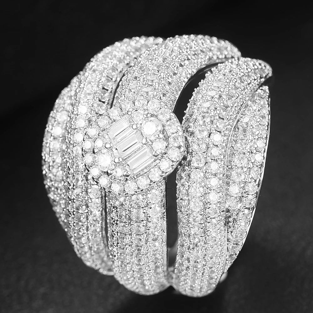 Luxury Corssover Chic Bold Statement Rings with Zirconia Stones 2020 Women Engagement Party Jewelry High Quality