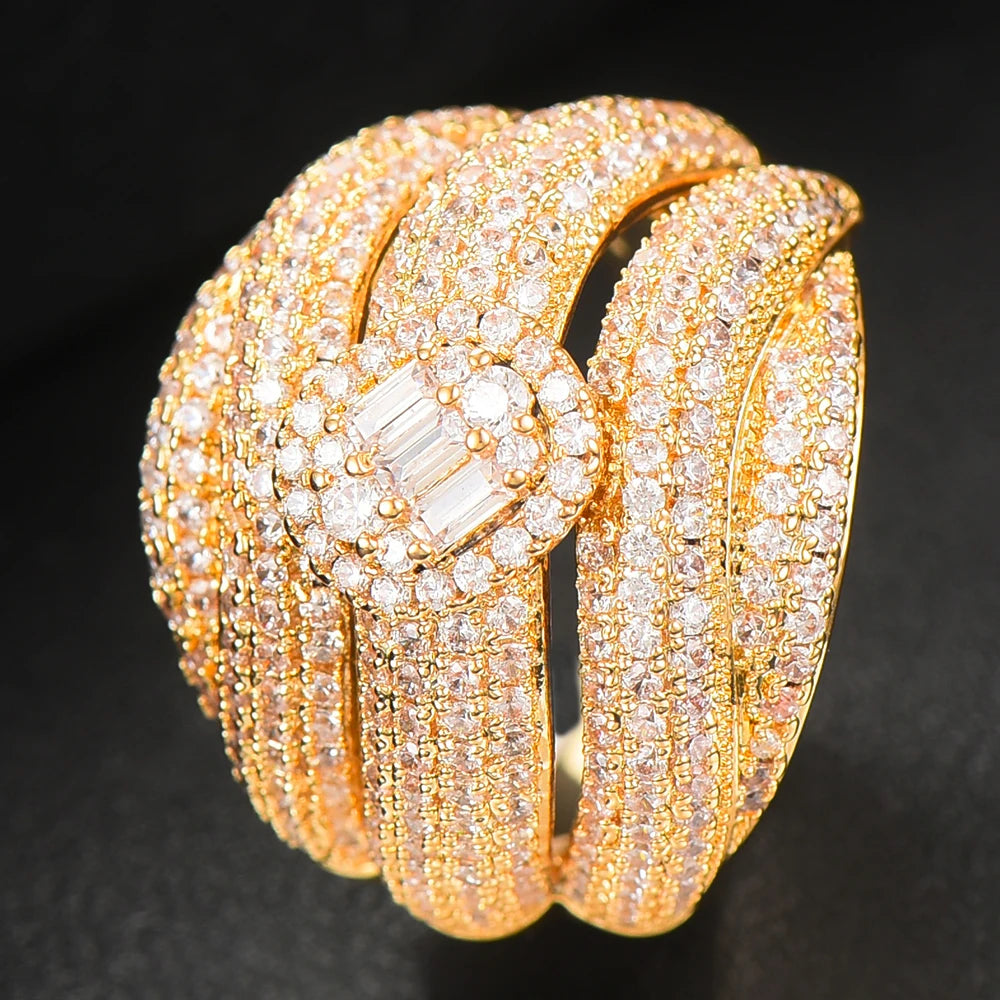 Luxury Corssover Chic Bold Statement Rings with Zirconia Stones 2020 Women Engagement Party Jewelry High Quality